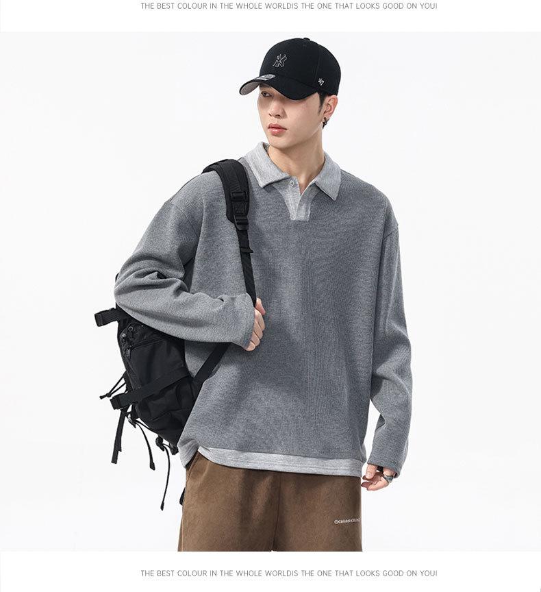 Pánská retro streetwearová mikina polo s dlouhým rukávem - Dvoudílný ležérní úplet s límečkem pro podzim/zimu