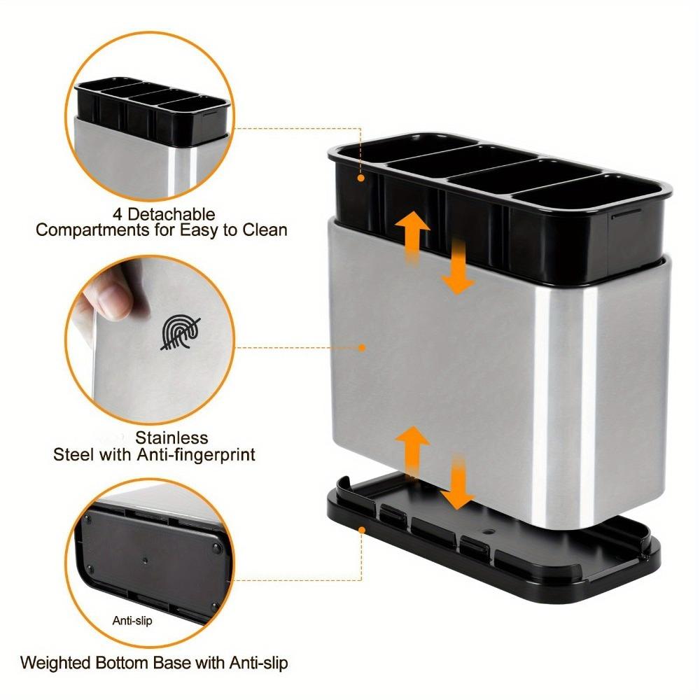 1Pc Stainless Steel Cutlery Holder with 4 Compartments, Rustproof Organizer for Kitchen Counter, Large Capacity Utensil Storage