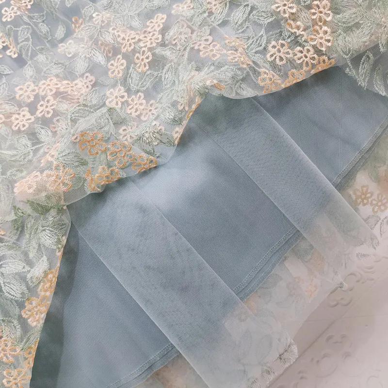 WTEMPO Women Embroidery Four Seasons Lace Patchwork A-line Tulle Skirts Elastic High Waist Loose Solid Color Casual Long Pleated Skirts