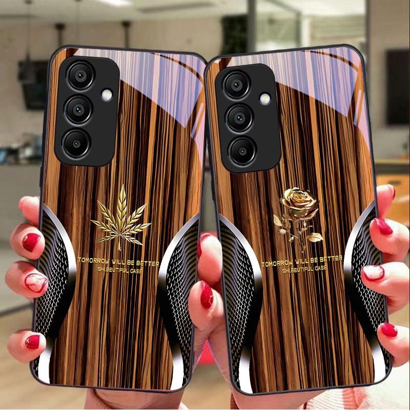 Wood Grain Snake For Samsung Galaxy A15 5G 54 4G 51 50 24 35 90 71 12 51 53 52S 80 22 34 Black Tempered Glass Phone Case