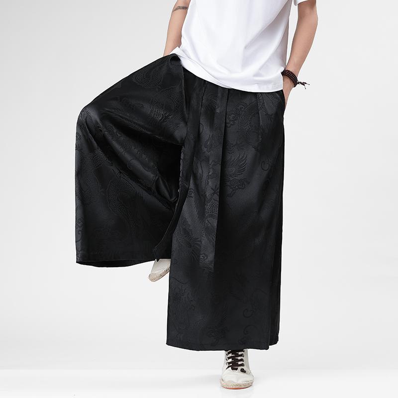 Men Ice Silk Wide Leg Pants Solid Color Loose Joggers Elastic Waist Trousers Men Streetwear Vintage Casual Long Pants