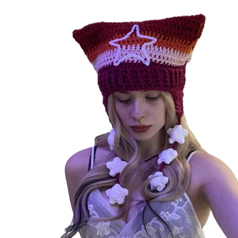 Girl Cartoon Kitten Ear Striped Knit Beanie Hat Y2K Star Party Hat Photo Props Hot Girl Cute Slouchy Knitting Hat