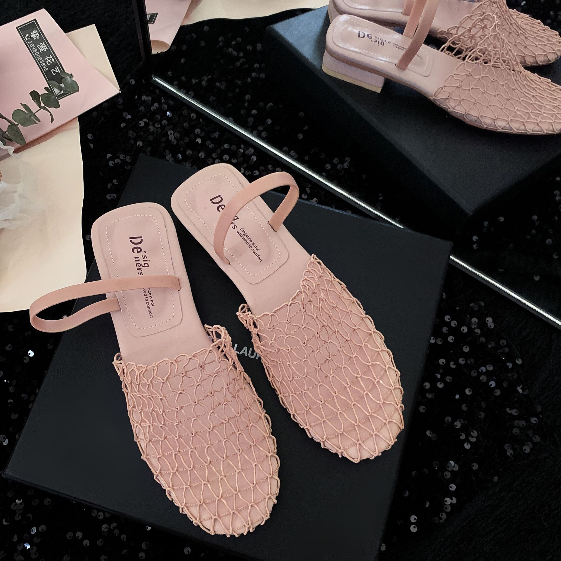 

Comfortable | 2.5cm French woven hollow mesh bag head slippers women s summer wear mesh lazy hole slippers 40 розовый