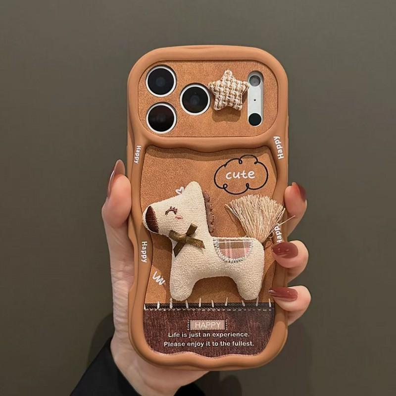 3D Plush Cartoon Pony Phone Case IPhone 17 Pro Max 16 15 14 With Chain Strap Soft TPU Cover Anti-Slip Shockproof Full