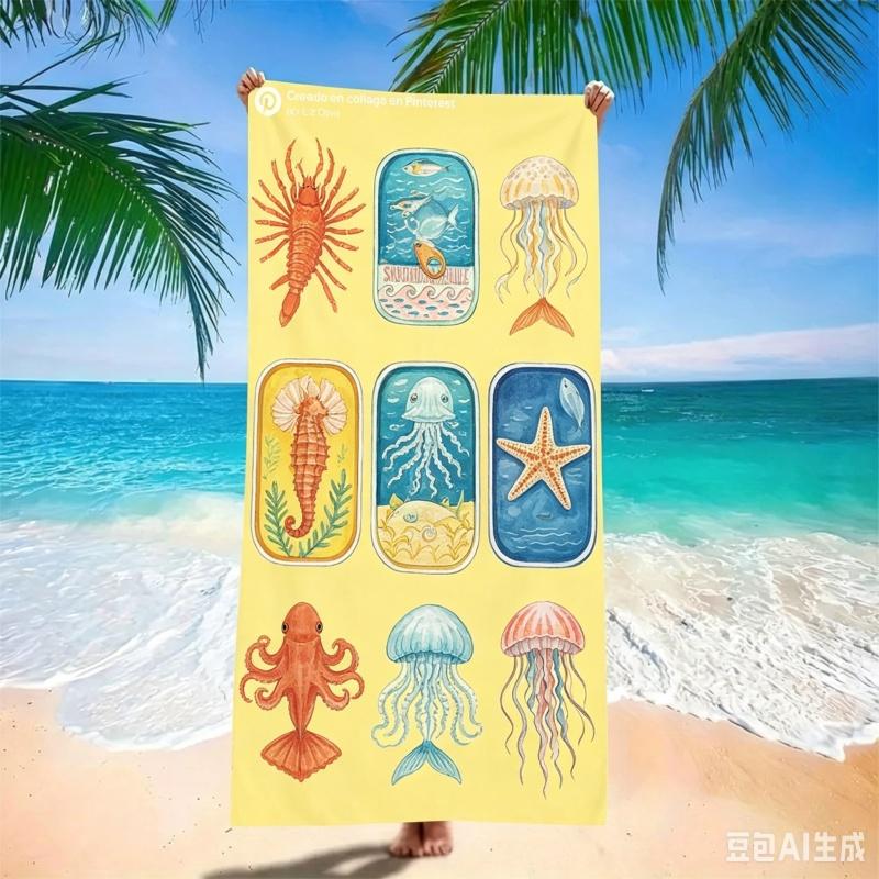 Pop Art Sardines Beach Towel - Quick Dry Microfiber with Colorful Fish Can Collage, Retro Artistic Sand Free Blanket for Summer