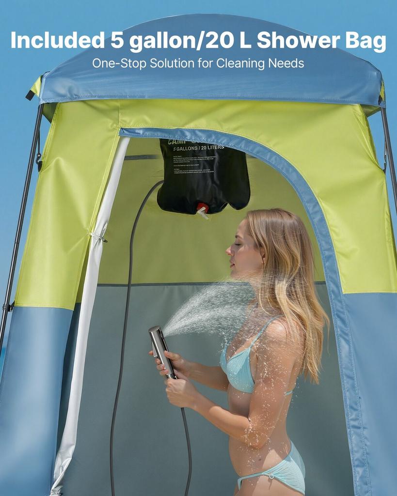 Camping Shower Tent, 1 Room, Portable Privacy Tent Changing Room with Shower Bag, Ground Stakes, Ropes, Carry Bag, and Support Poles, 150D Oxford