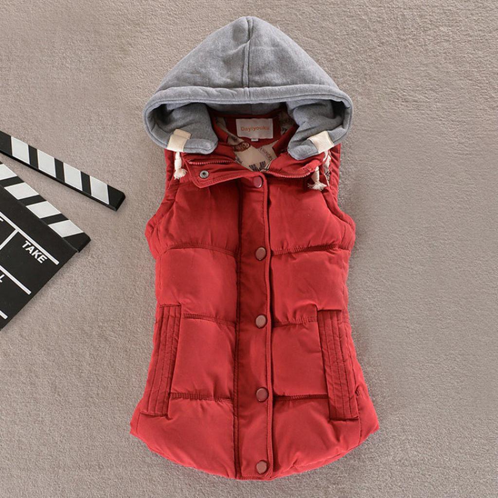 Women Vest Female Warm Sleeveless Jacket Cotton Solid Hooded Vest For Outerwear