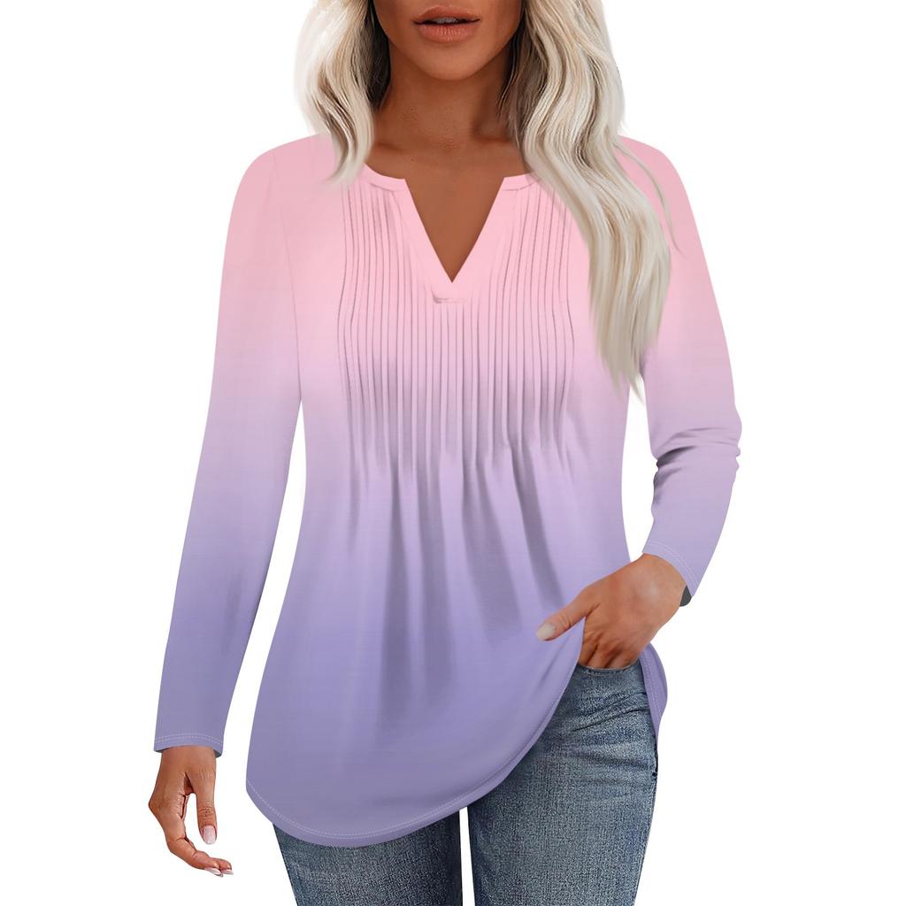 Dámská móda Ležérní Plisované Tričko s V výstřihem a Dlouhým Rukávem Elegantní Top