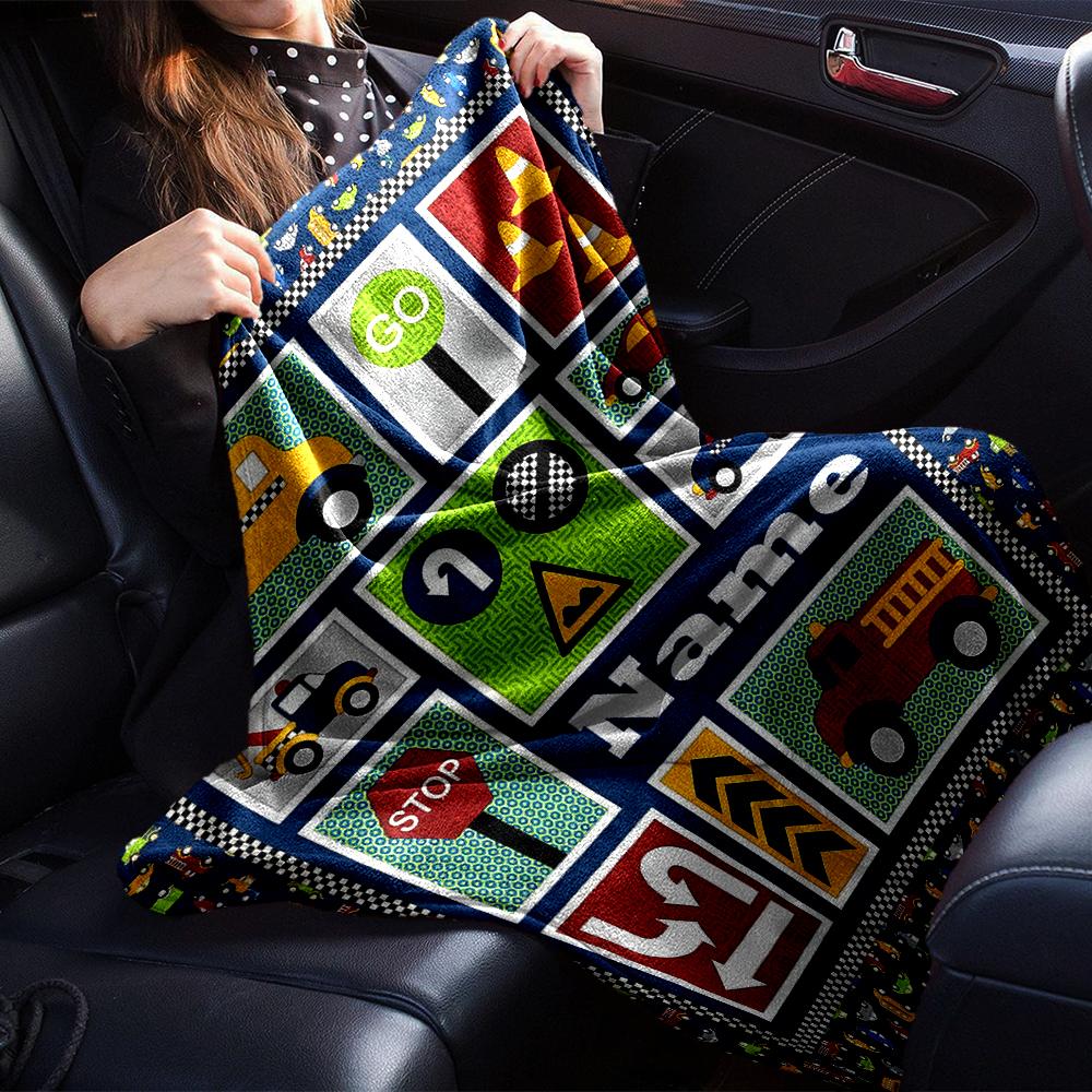 Custom Name Cute Cars Theme Printed Blanket - Perfect for Couch, Bed, Travel & Outdoor Use | Machine Washable, Cozy & Durable.