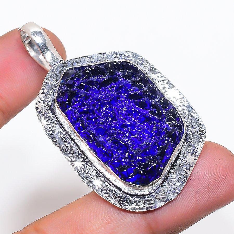 Natural Blue Moldavite Gemstone 925 Sterling Silver Jewelry Pendant 2.17  AP-14263