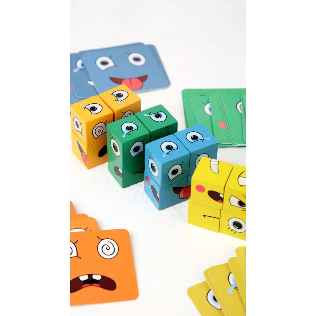 Face Changing Cube Board Card Game Building Blocks Cartoon Wooden Puzzle Montessori Anxiety Stress Relief Toys for Children Kids