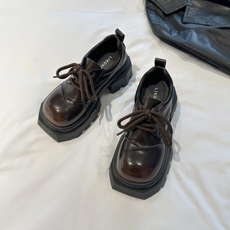 

Big head thick-soled muffin lace-up small leather shoes for women 2025 spring new British style small man heightening loafers for women 40 коричневый