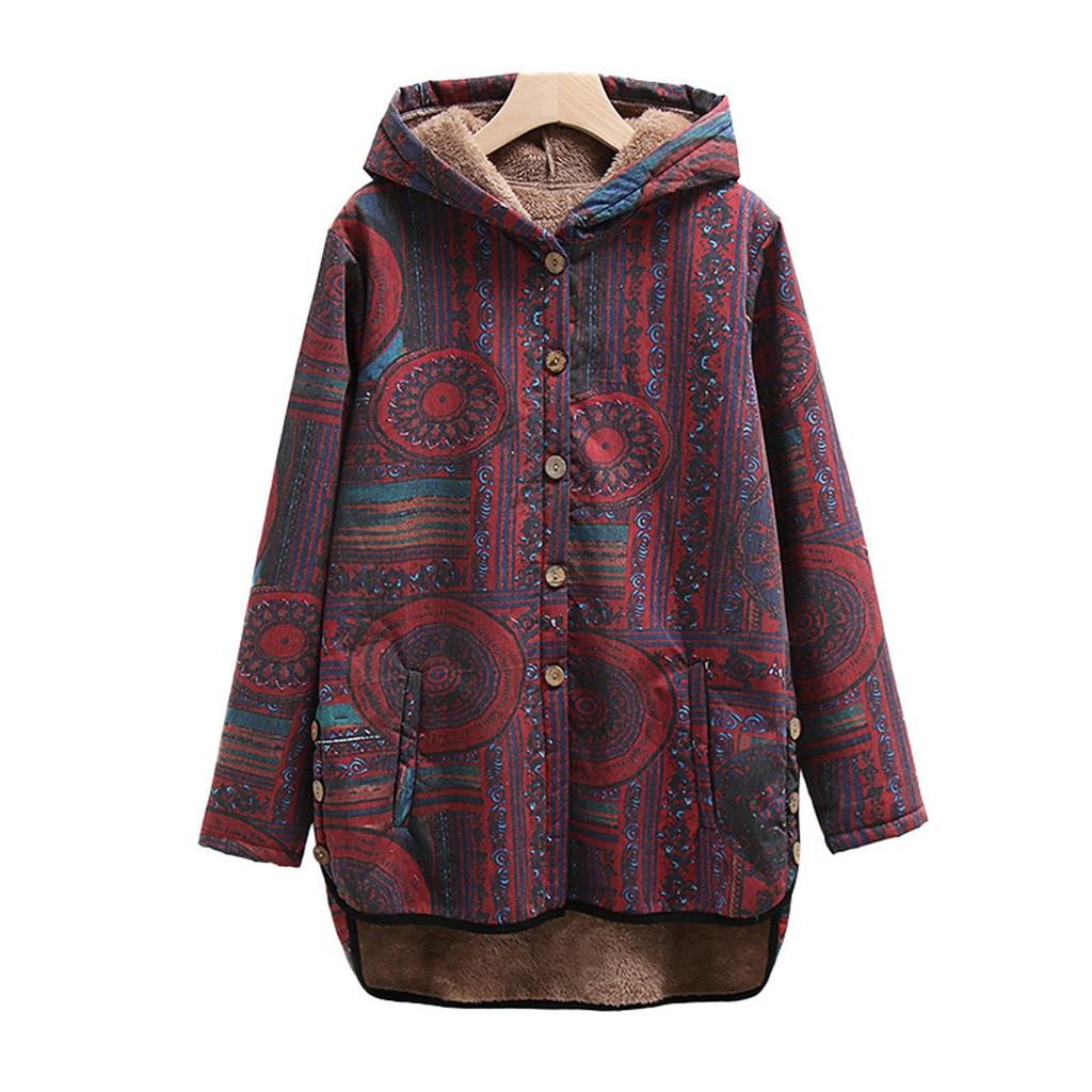 (SU)Damen-Pullover mit Kapuze und Taschen, ethnisch bedruckt, gepolstert, langärmelig, mittellange Jacke
