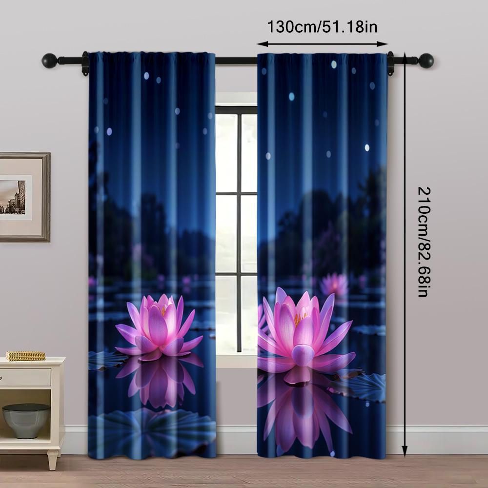 2pc,  Scene Curtains Elegant Pink Lotus Machine Washable Polyester,Without Electricity Wall Decor Suitable for Holiday Home