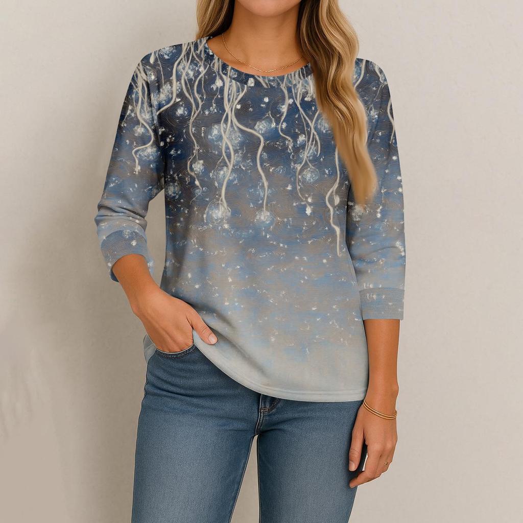 Women's Fashion Casual Round Neck 3/4 Sleeve Loose Printed T-Shirt Ladies Top