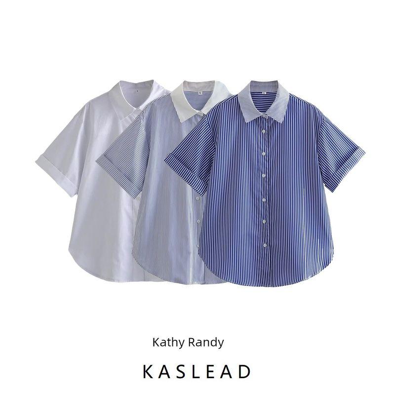 Kaslead New Arrival Women's Fashion Style Stylish Simple and Versatile Stripes Contrast Color Short Sleeve Lapel Pocket Shirt