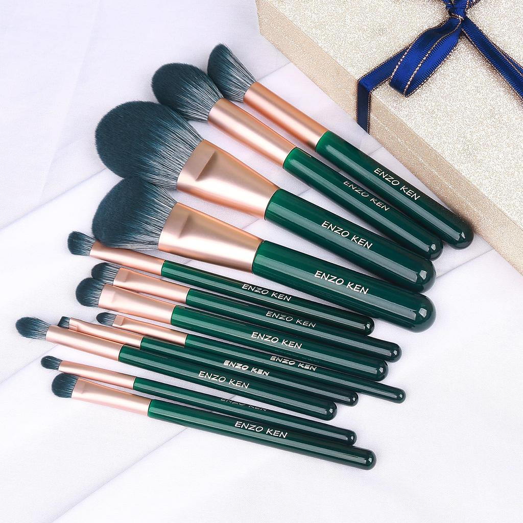 ENZO KEN Grünes professionelles Make-up-Pinsel-Set mit Reiseetui, smaragdgrünes veganes Lidschatten-Pinsel-Set, superweiches Haar, Reise-Kosmetikpinsel-Set, 12 Stück mit