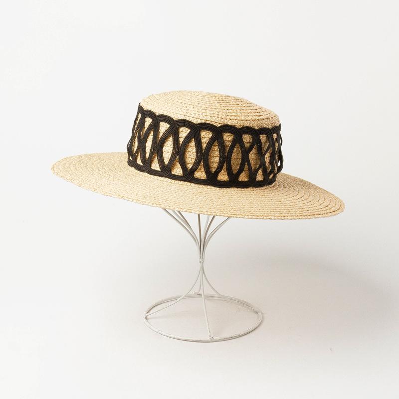 European and American spring and summer new grid decoration with flat top big eaves Lafite straw hat outdoor shading and sun protection Lafite straw