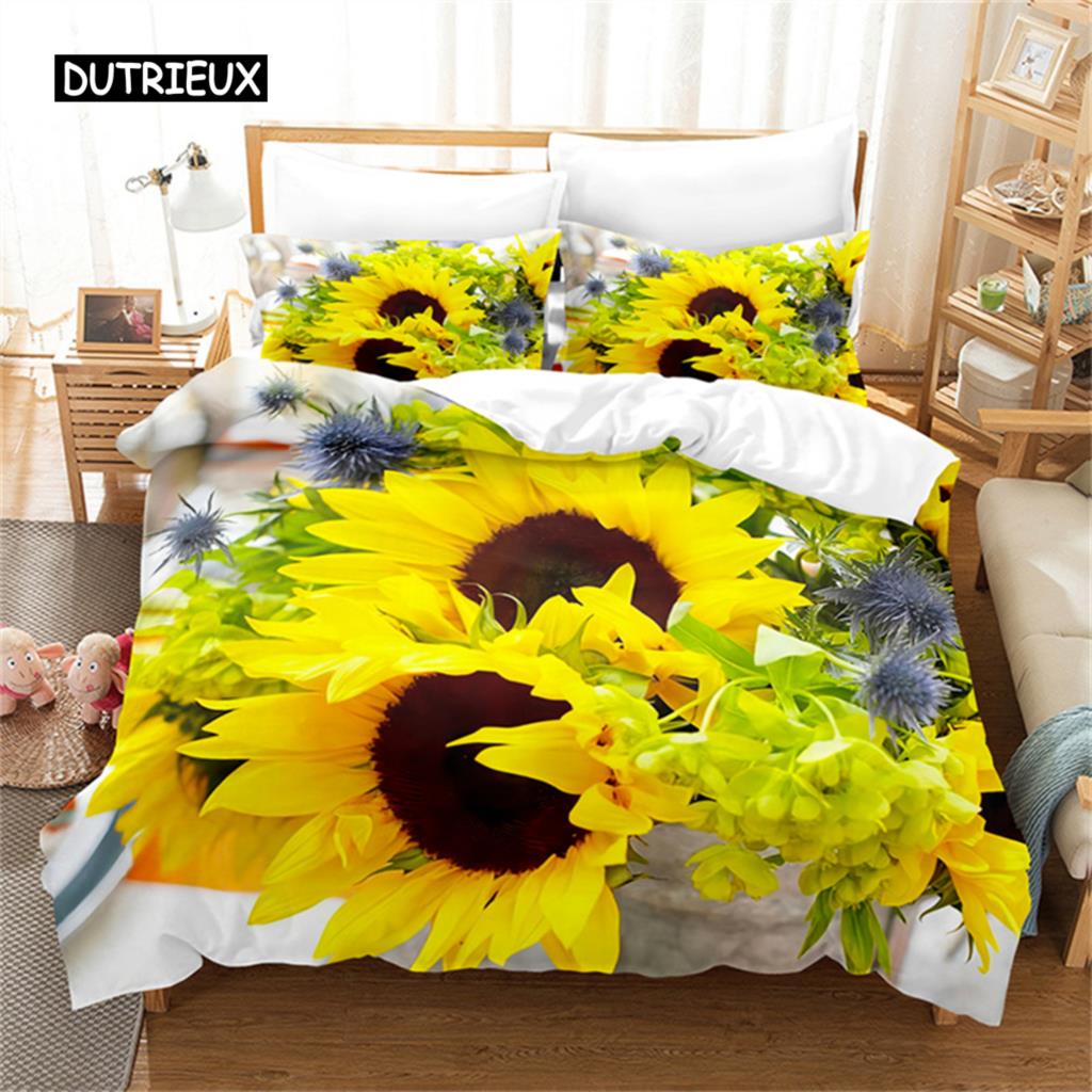 Sunflower Bedding Set Yellow Plant Flowers Duvet Cover Botanical Landscape Quilt Cover Girls Women Bedroom Gorgeous Decorations
