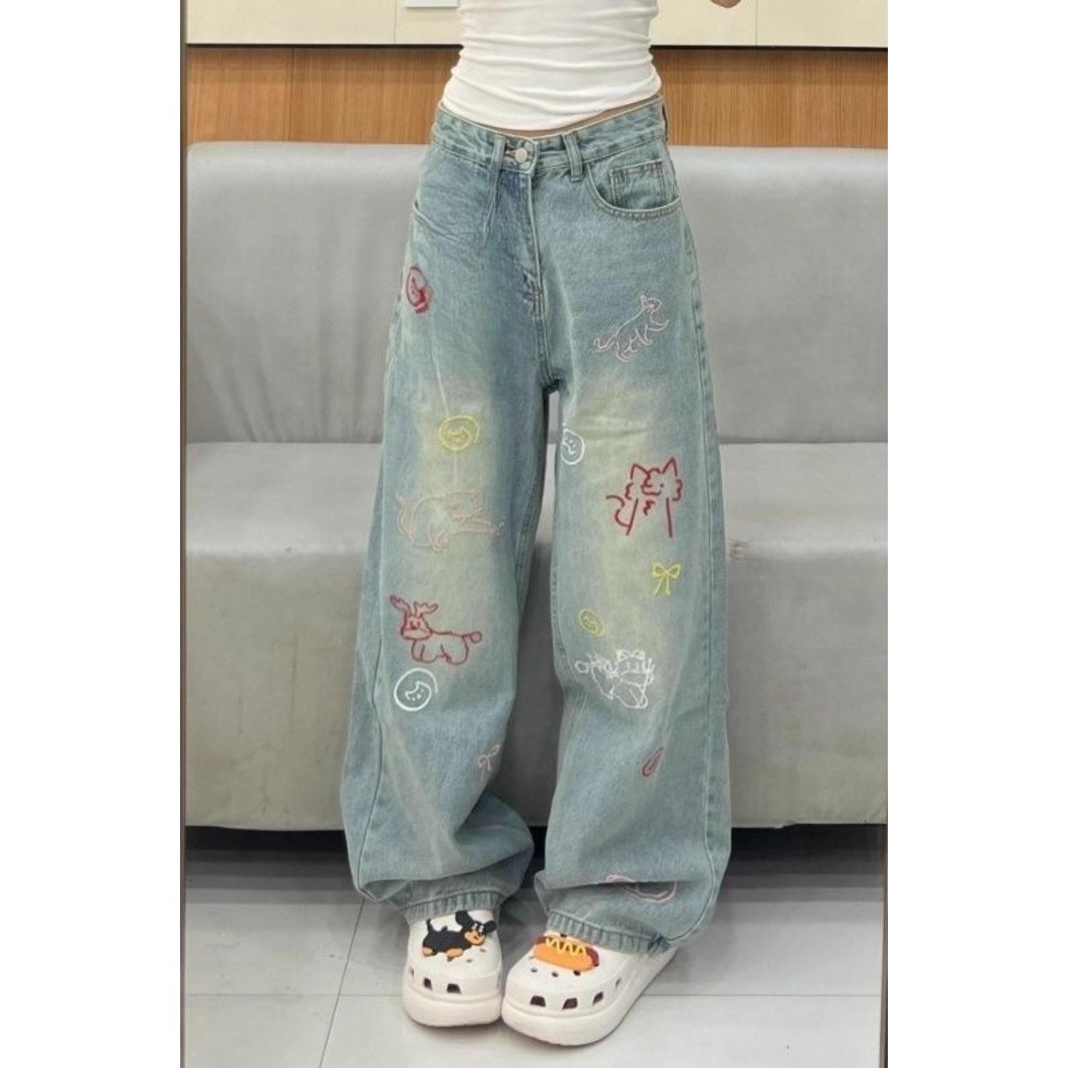 Women s High Waist Wide Leg Jeans Loose Fit Casual Embroidery Straight Denim Pants S
