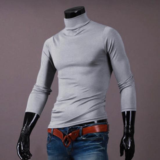 Camiseta Cor Sólida Manga Comprida Algodão Masculina Gola Alta Slim Básica Top para Primavera