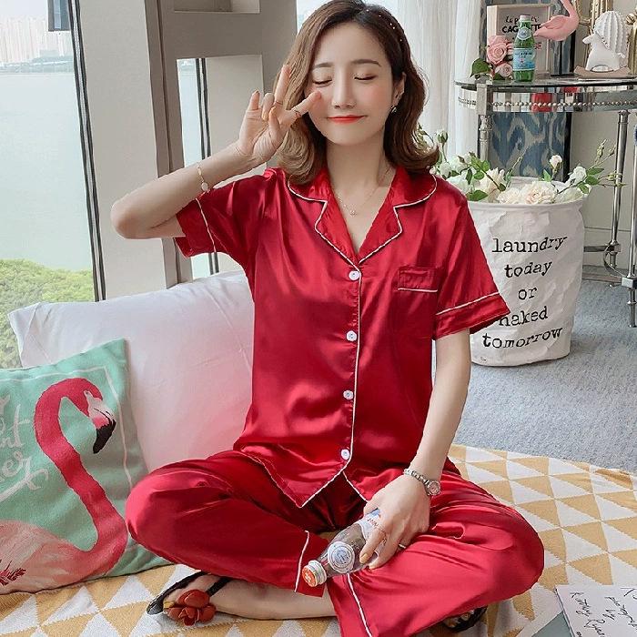 Women’s 2024 Spring/Summer Ice Silk Plaid Pajamas - Long-Sleeved Two-Piece Set