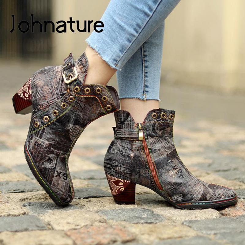 

Обувь Johnature с принтом, женские ботинки с круглым носком на молнии, осенне-зимние ботинки из ткани с шитьем в стиле ретро, ​​лаконичные ботильоны ручной работы на платформе
