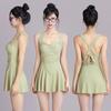 Women's Fashionable One-Piece Dress-Style Swimsuit: Boxer Style, White, Conservative, Waist Gathering, Tummy Control, for Hot Springs.