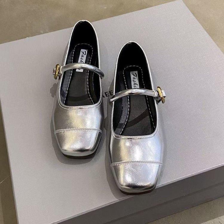 Silver Square Head Soft Sole Light Mouth Mary Jane Shoes Women's 2025 New Spring and Summer Word with Retro French Flat Shoes