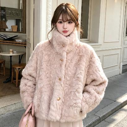 New lamb wool coat women's environmentally friendly fur loose and thickened short stand-up collar coat in winter with cotton to keep warm