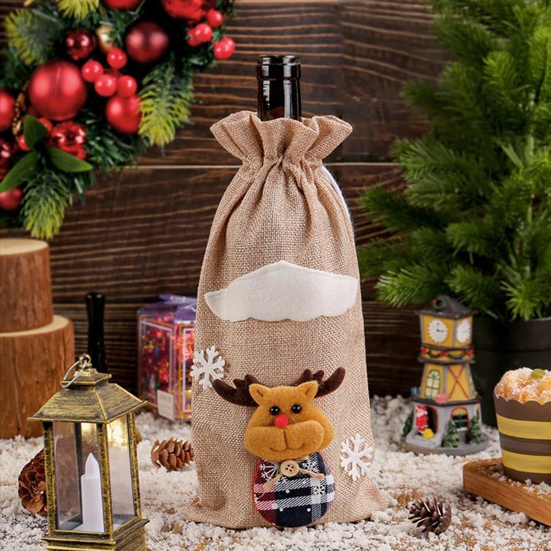 Christmas Linen Old Man Figurine Wine Bottle Cover Holiday Hotel Dining Table Cartoon Three-Dimensional Drawstring Wine Bag