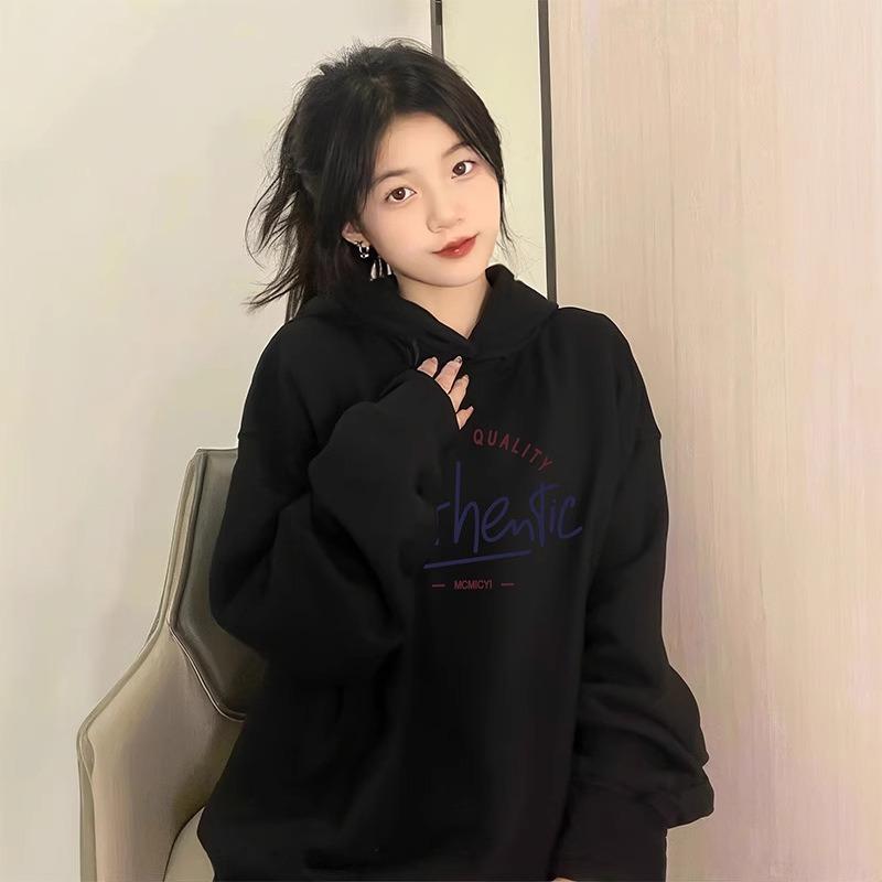 Grey hooded sweater women's coat, autumn and winter fleece thickened e loose top