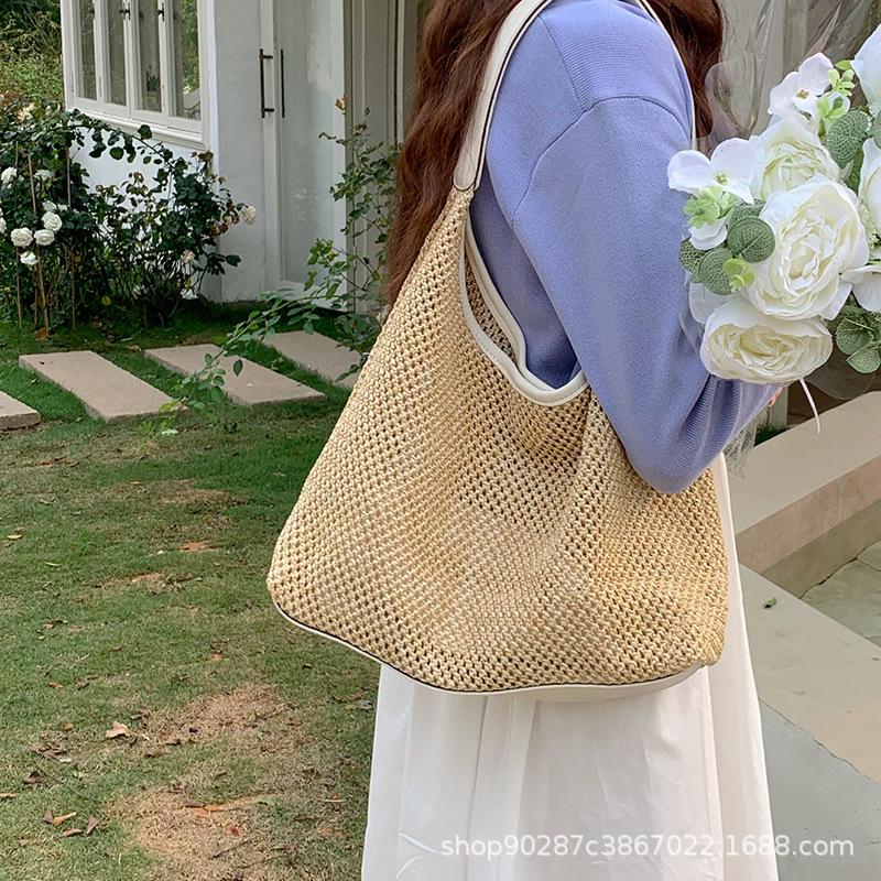 Portable Messenger Woven Bag Women's Summer Tide Seaside Portable Shoulder Bag Large Capacity Straw Woven Storage Light