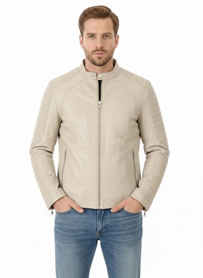 Men's Handmade Off-White Jacket Soft Fit Motorcycle Genuine Lambskin Leather Stylish