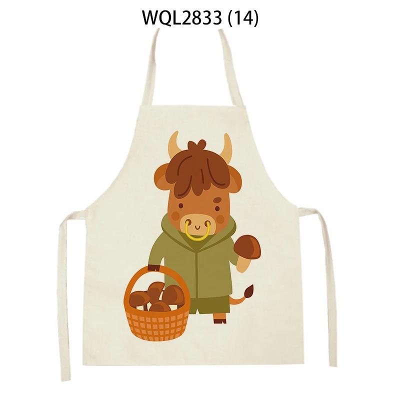 Animal Printed Kitchen Aprons Women Men Dinner Party Cooking Waist Bib Fox Cattle Bear Pattern Baking Pinafore Cleaning Apron