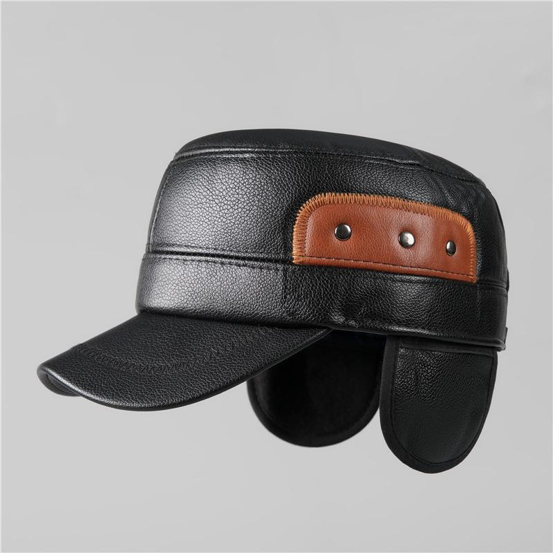 Hat Men's Winter Leather Hat Autumn and Winter Fleece Ear Protector Flat Top Hat Peaked Cap