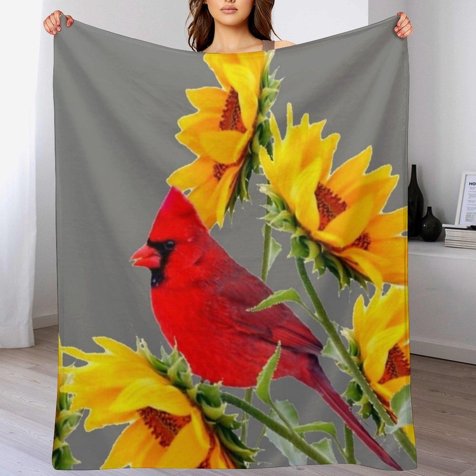 

RED CARDINAL YELLOW SUNFLOWERS ON GREY ART Throw Blanket Lightweight Cozy Blanket for Bed Sofa 102x76cm(40x30in)