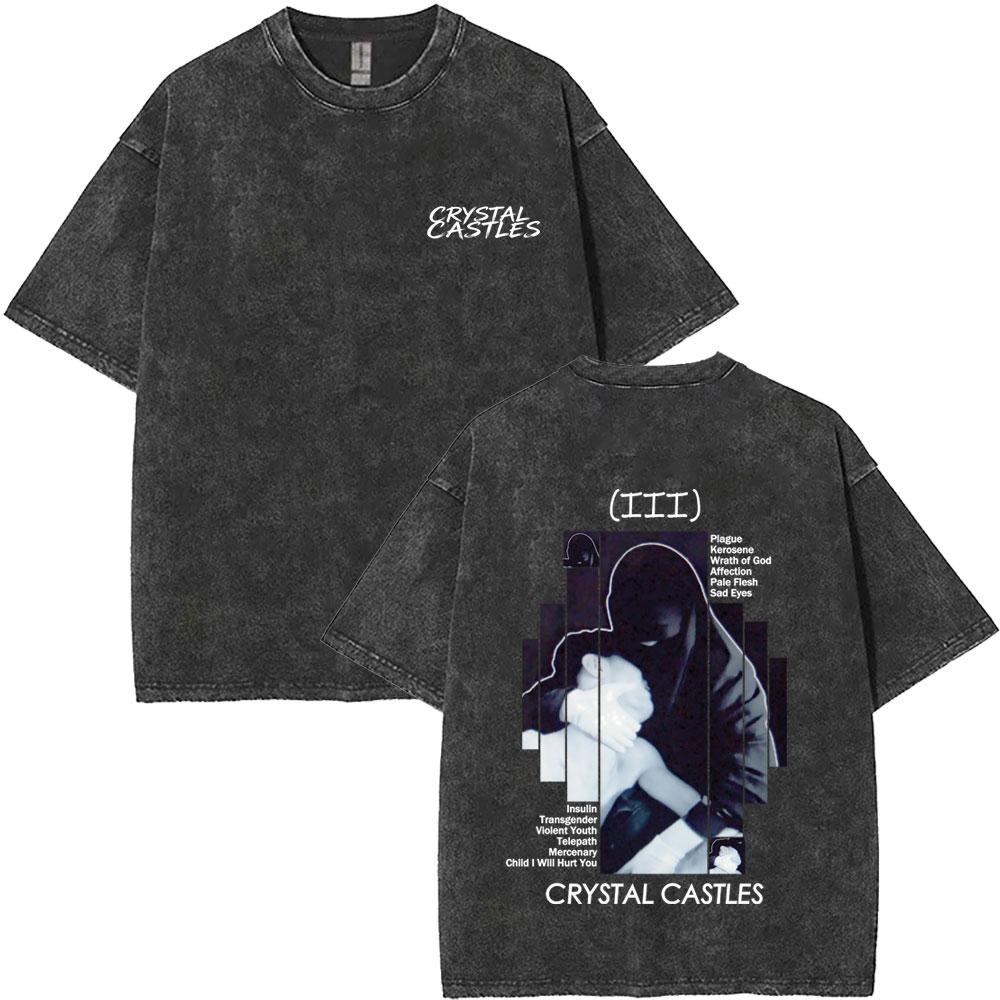 T-shirt Grafica Vintage Lavata Crystal Castles Uomo Donna Retro Gotica Rock Oversize T-shirt Maschile Cotone di Alta Qualità