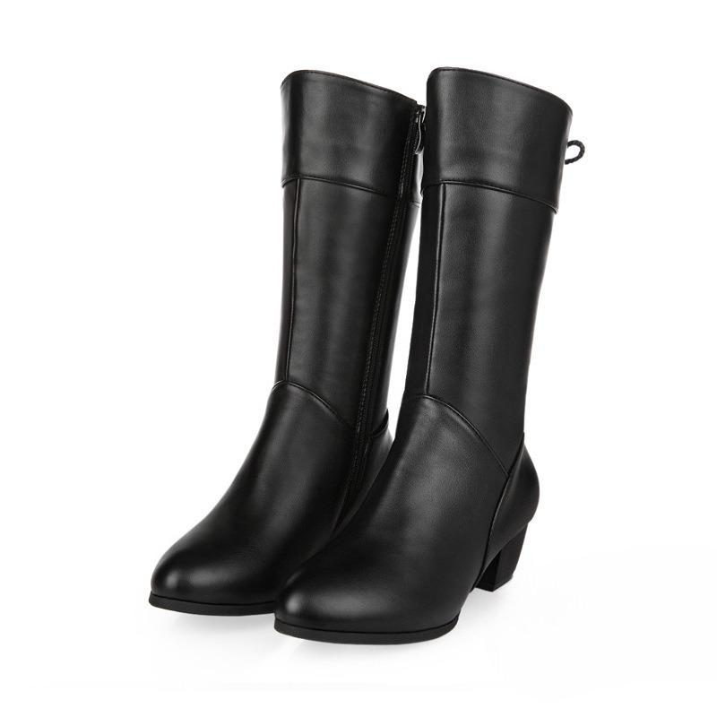 Lace-up Shoes, Square-heeled Mid-calf Boots, Women's Mid-heeled Large-sized Side Zipper Leather Boots