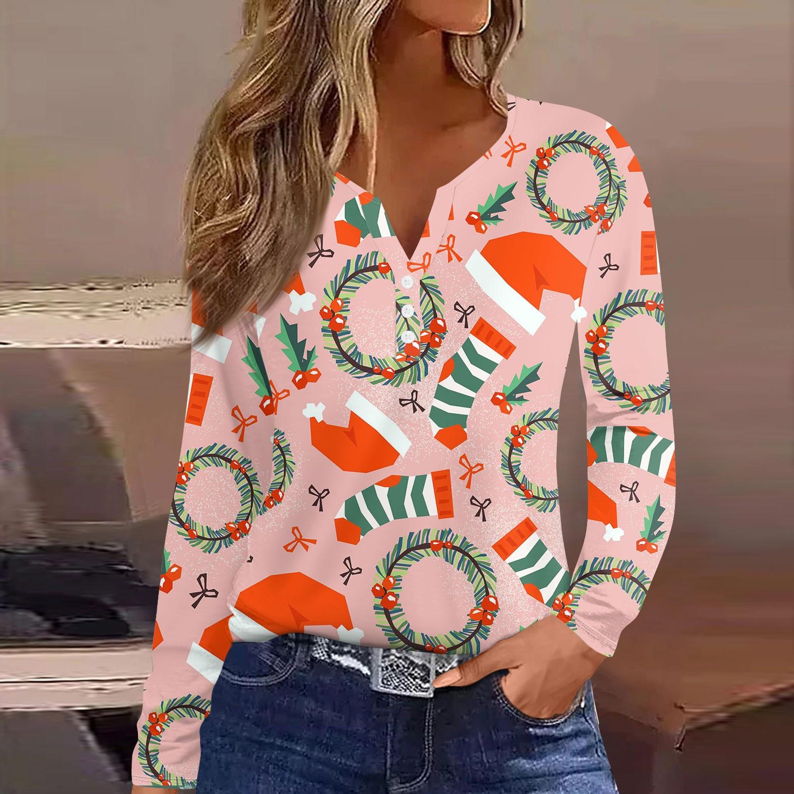 

Женская модная повседневная футболка с длинным рукавом и V-образным вырезом на рождественском принте на пуговицах XXL оранжевый