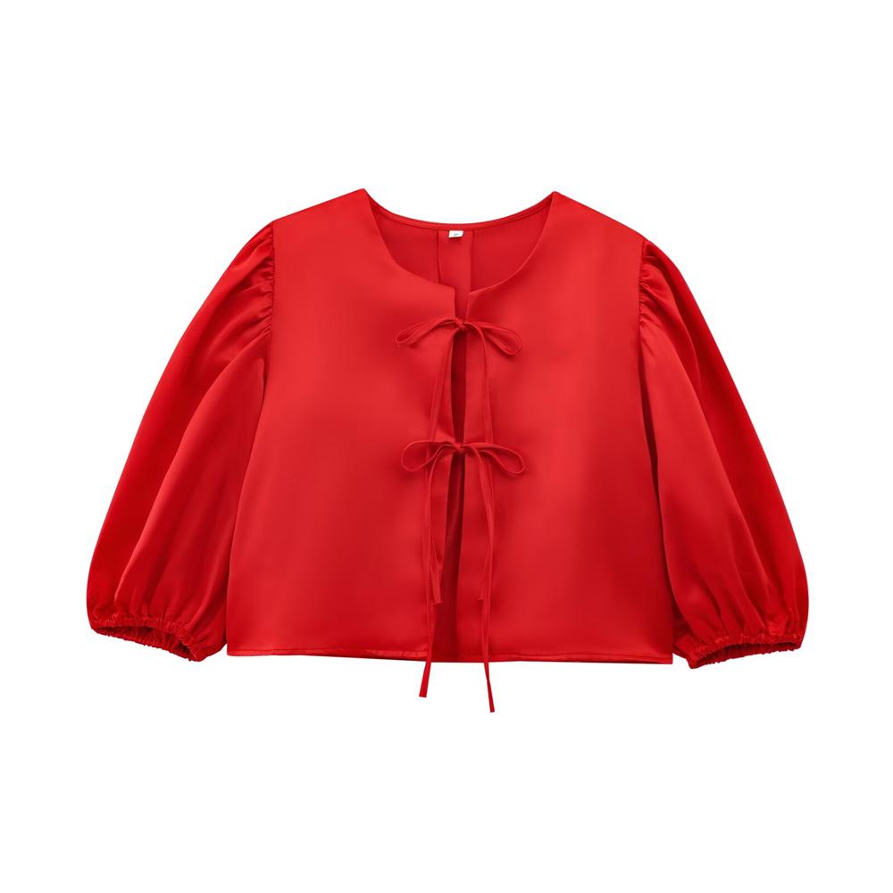 

2025 Spring Satin Puff Sleeve Top: Sweet, Simple Bow Detail Small
