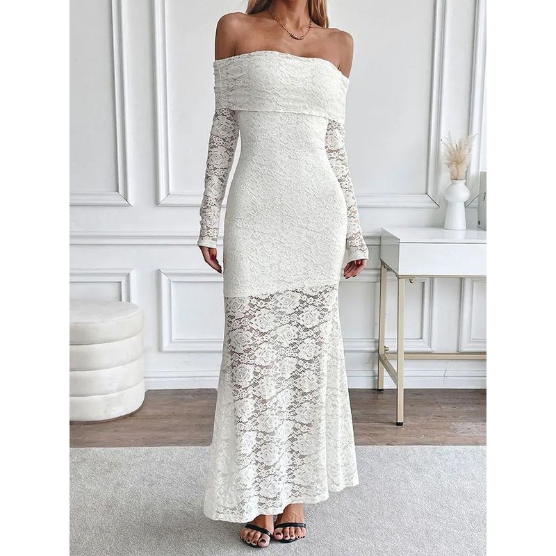 One Shoulder Lace Embossed Dress off-Shoulder Long Sleeve Lace Embossed Jumpsuit Long Dress