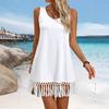 Copricostume mini da donna tinta unita senza maniche con scollo a U e bordo con nappe, casual, ampio, copricostume da sole