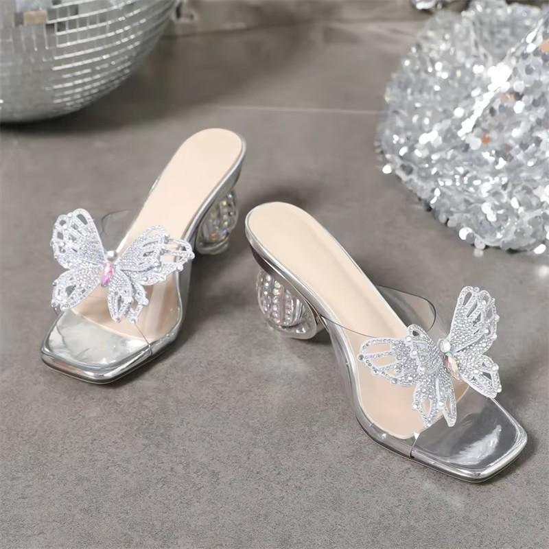 

Fashion Eilyken New Design Butterfly-knot Square Toe Women Slippers Elegant PVC Transparent Crystal Round Heels Banquet Shoes 36 серебряный