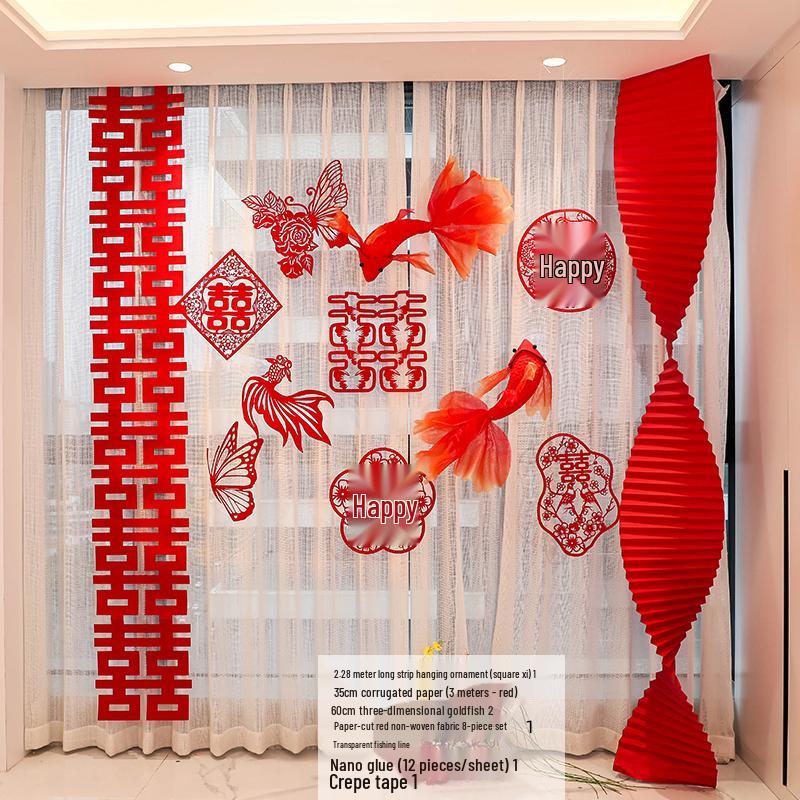 Double Happiness Wedding Room Decor Set: Non-Woven Fabric Papercut for Bride and Groom's Bedroom or Hotel.