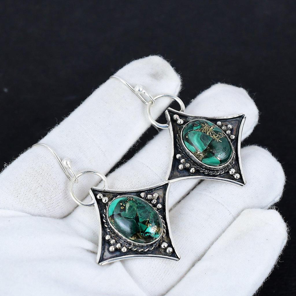 Měděný Malachit Drahokam Starožitné Náušnice 925 Sterlingového Stříbra Náušnice, Boho Stříbrné Šperky Dlouhé Náušnice, Dárky K Narozeninám Dárky Pro Ni