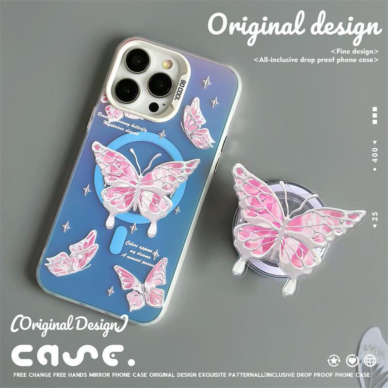 

Чехол для телефона с магнитным кронштейном, совместимый и подходящий для iPhone15, 14, 13, 12, 11, promax, xsmax, xr, 7, 8plus, элегантная розовая бабочка 13/14