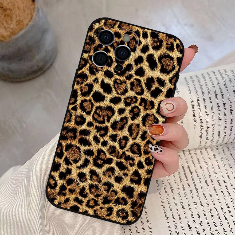 Leopard Print Phone Case For iPhone 17,16,15,14,13,12,11 Plus,Pro Max,XS,Soft Silicone Black Cover