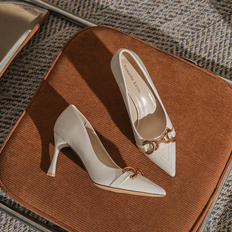Fashion Fashion Metal Buckle High 6.5cm/8.5cm Stiletto Heels Pumps Women Shoes Pointed Toe Office Work Party Shoes Ladies Wedding Shoes