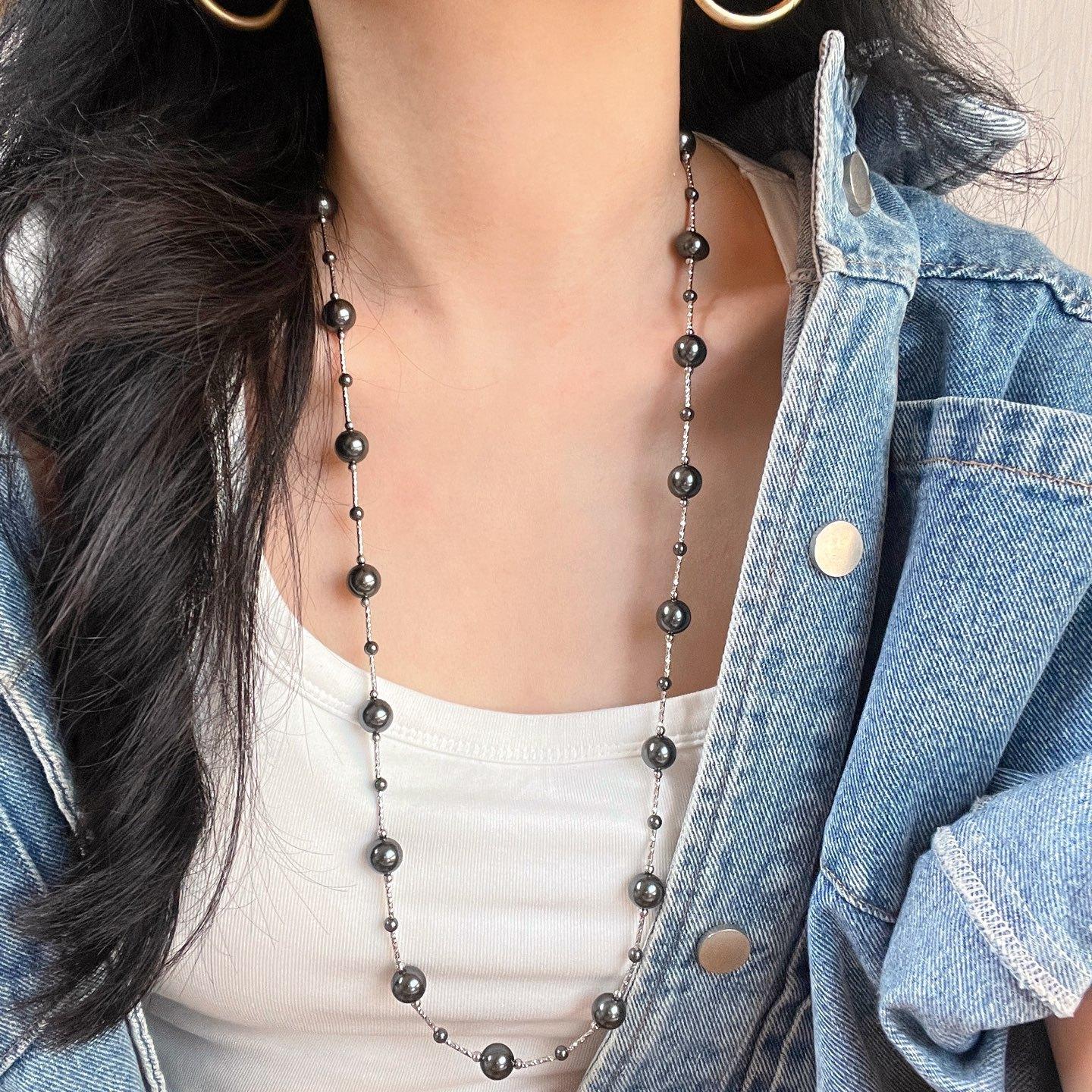 

Autumn And Winter Vintage Tahitian Black Pearl Faux Crystal Pearl Necklace Clavicle Chain Sweater Chain